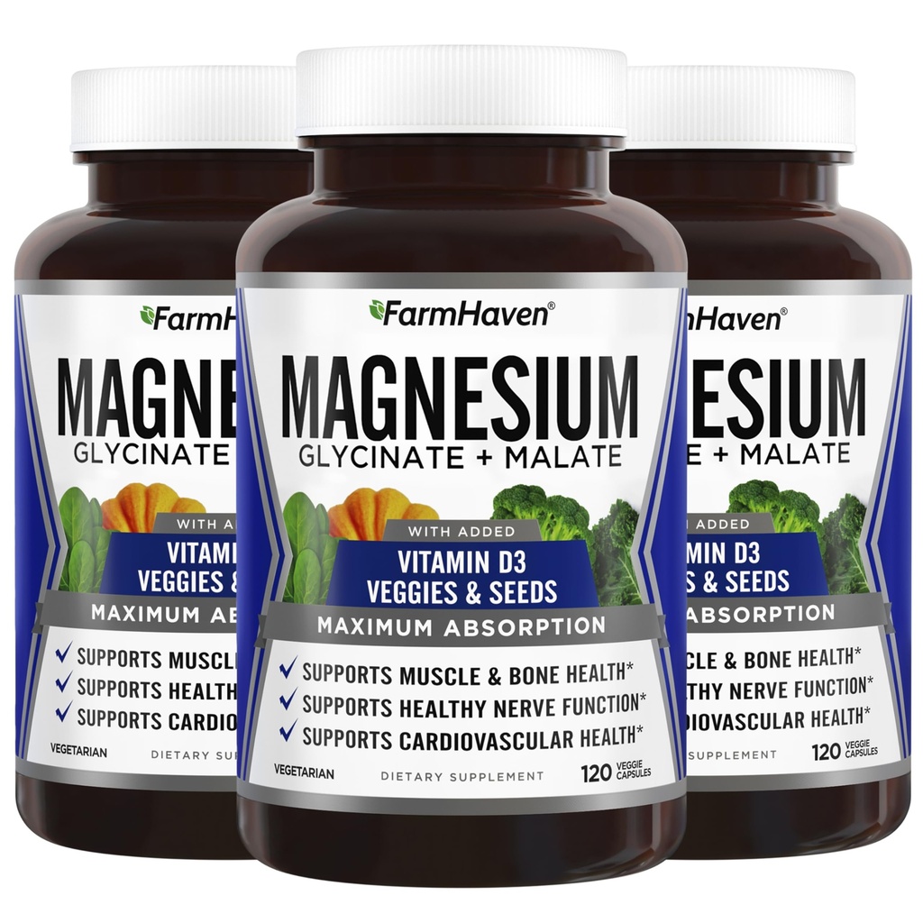 FarmHaven Magnesium Glycinate &amp; Malate Complex w/ Vitamin D3, 100% Chelated for Max Absorption, Vegan – Bone Health, Nerves, Muscles, 360 Capsules, 180 Days