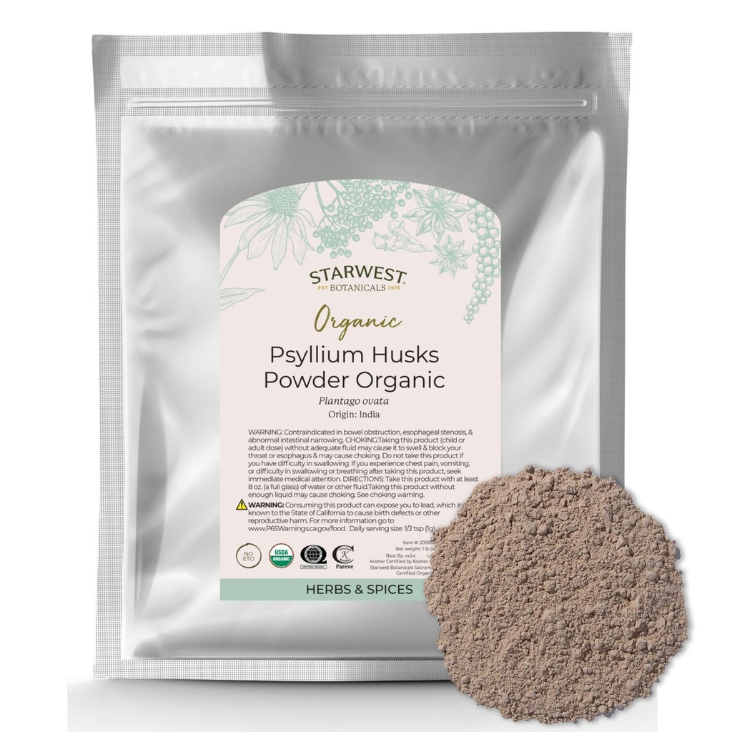 Starwest Botanicals Psyllium Husks Powder Organic - Ground Natural Psyllium Fiber Powder, Use for Baking, Smoothies, or Juices, Made from Plantago Ovata Seeds, Non GMO - Bulk 1 lb Bag