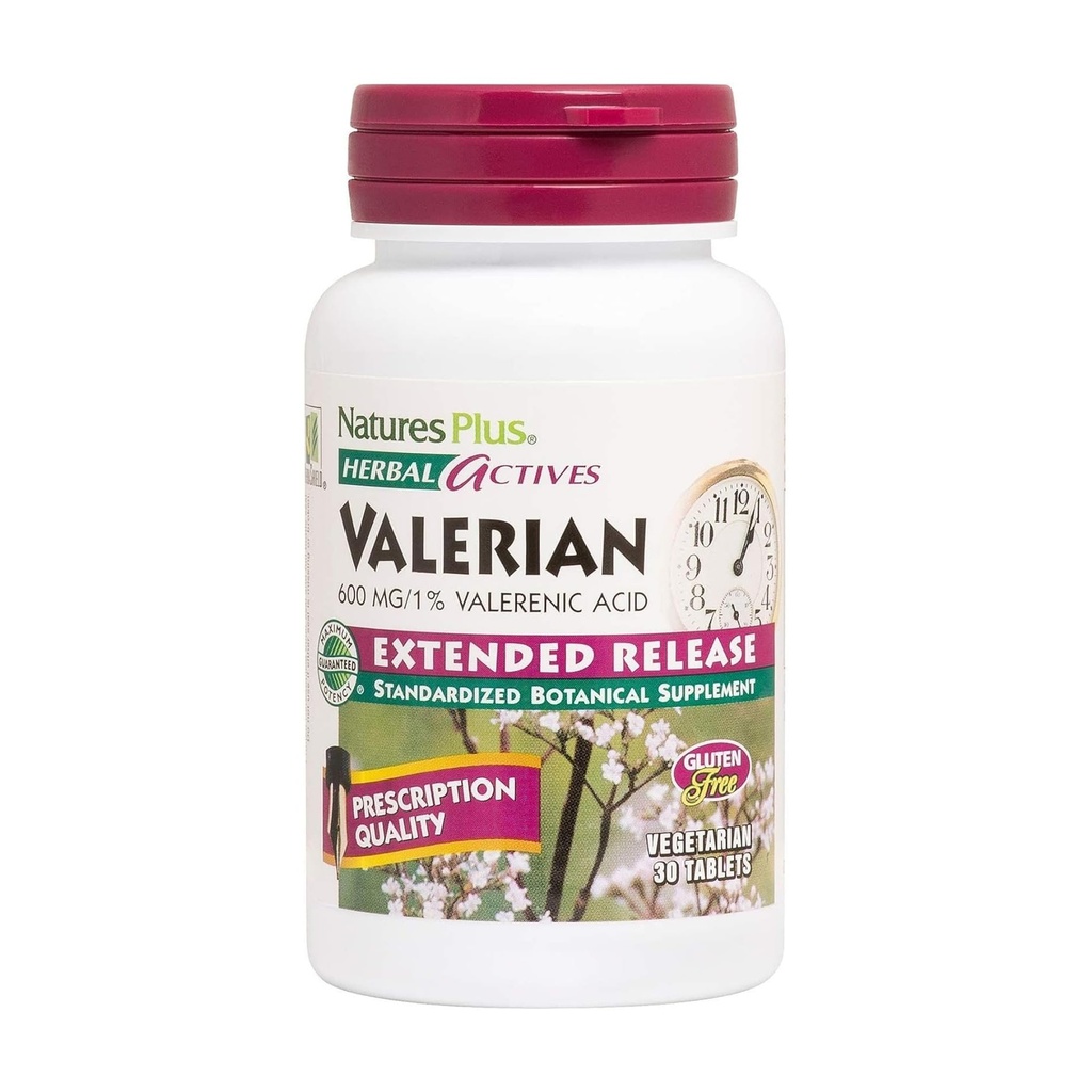 Natures Plus Activos Herbal Tablas de liberación ampliada Valerian - 600 mg, 30 Tablas Vegan - Vegetariano, Libre de gluten - 30 Servimientos