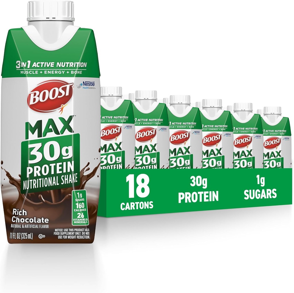 BOOST MAX Protein Shakes Listo para beber - 30g High Protein Shake - Chocolate ← Bebidas nutricionales para apoyar la recuperación del músculo después del ejercicio, 26 vitaminas " minerales, 1g de azúcar, 11 fl oz (Pack of 18)