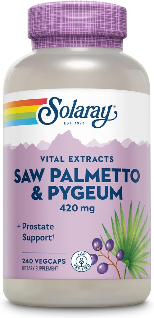 SOLARAY Saw Palmetto y Pygeum - Saw Palmetto para Hombres y Pygeum Bark - con Zinc, Vitamina B6, semillas de calabaza y ácidos aminoácidos - Suplementos de próstata para hombres w / beta Sitosterol, 60 Servimientos, 240 VegCaps