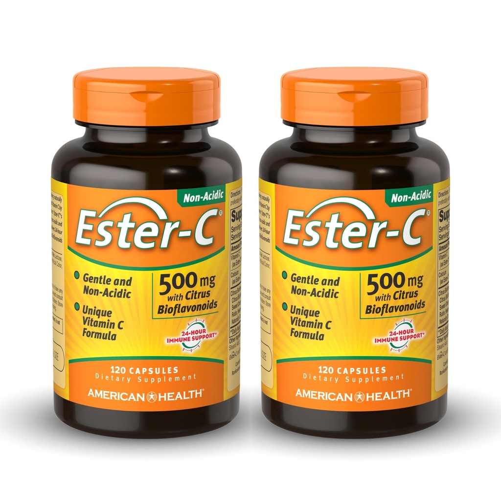 American Health Ester-C 500 mg con Citrus Bioflavonoids - 120 Capsules (Pack of 2) - 24-Hour Immune Support - Non-GMO, Gluten Free - 120 Total Servings