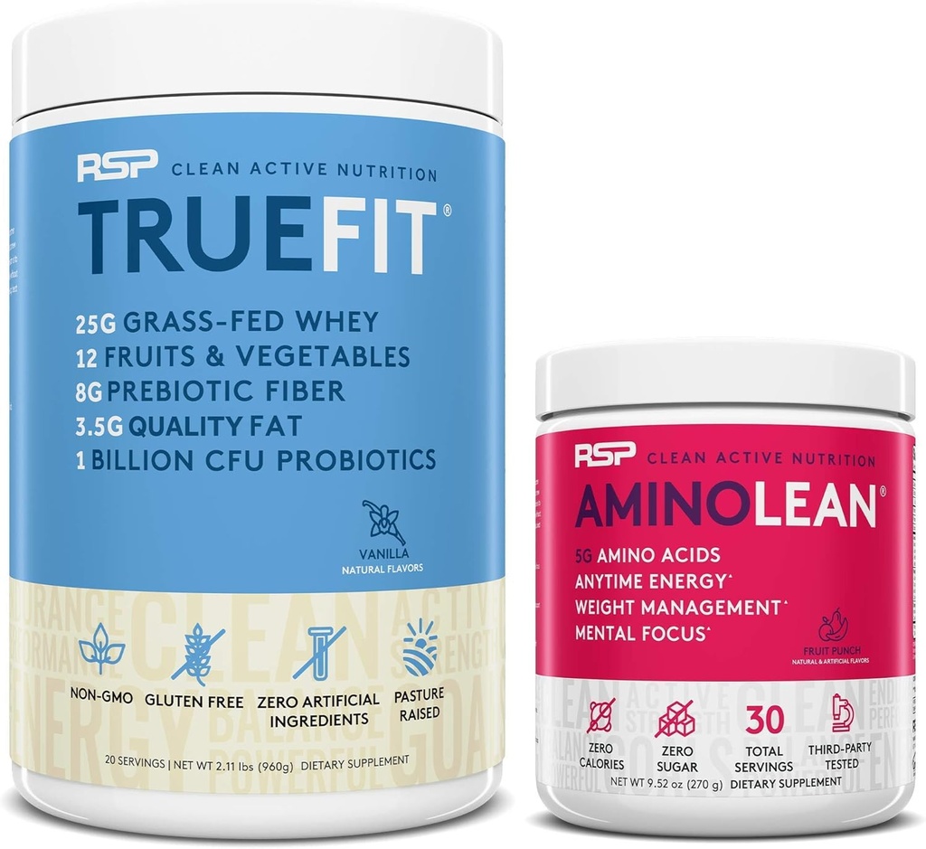 RSP NUTRITION AminoLean Pre Workout Energy (Fruit Punch 30 Servings) con TrueFit Protein Powder (Vanilla 2 LB)