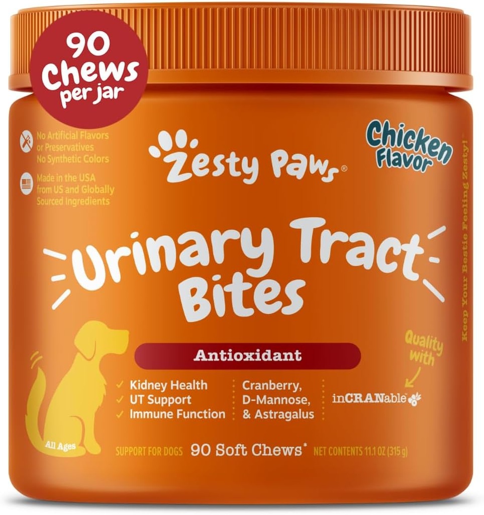Zesty Paws Suplemento de arándano para perros - Control de vejiga para perros - Soporte de la trampa urinaria - Cerdas de arándano - Soporte de manteca de arándano - Pollo - 90 Conde