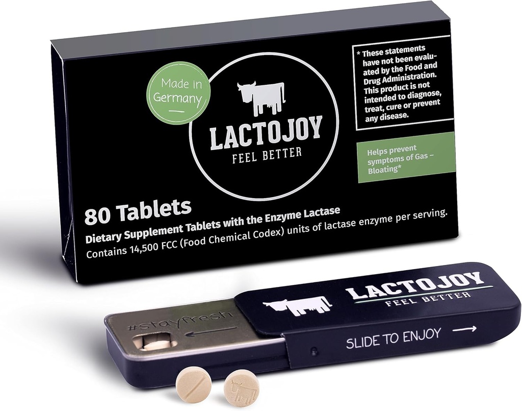 LactoJoy Lactase Pills 14,500 I 80 Piezas I Potente Enzimas de lactasa para la Intolerancia de lactosa I Ultra Pure Lactase para la mejor Digestión I No Silicon Dioxide, Sin Sabores Artificiales, No Sucralosa