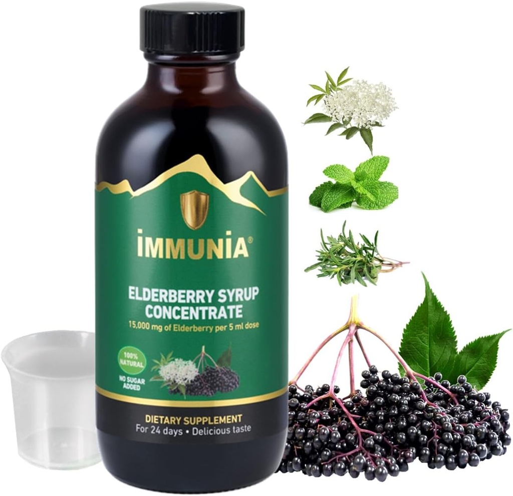 Immunia Elderberry Syrup ayuda a fortalecer El Sistema Inmunitario. Concentraos de Elderberry con Elderflower, Thyme y Peppermint. No hay azúcar. Sabor delicioso. 24 Días / Botella. (1-Pack)