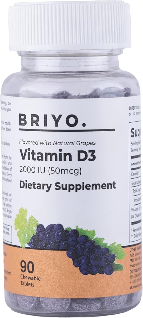 Briyo Vitamina d3 chewable Tablet - 2000 UI (50 mcg Por Serving) - Delicious Natural Grape Flavor, 90 Cuenta