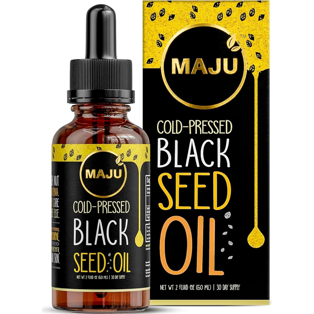 Maju Superfoods Black Seed Oil - 3 Times TQ, Cold-Presed, Tamaño del viaje, 100% Turco Negro Cumin Seed Oil, Liquid Pure Blackseed, Glass Bottle, 2 Oz