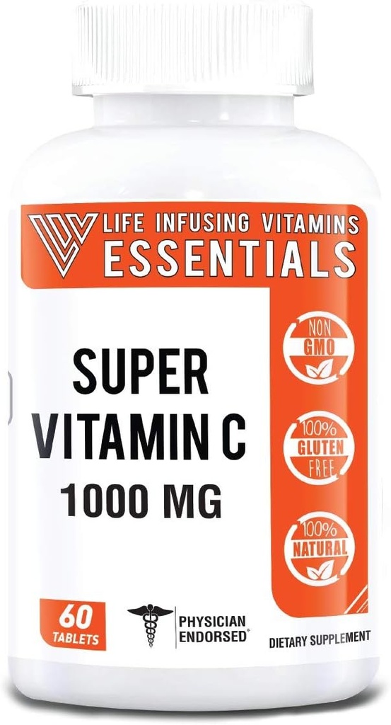 LIV Super Vitamina C 1000 mg No GMO, Immunity Boost Gluten Suplemento Gratis Hecho en EE.UU. (1)