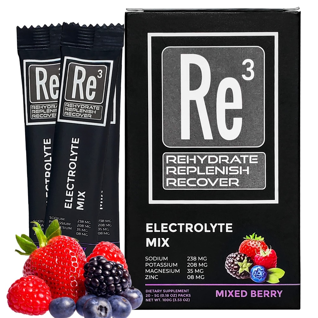 Re3 - Rehidratación - Reponer - Recover Electrolyte Powder Packets. Sin azúcar, 7 Cal, 1,4 Carbs. La Mejor Mezcla de Vitaminas y Minerales