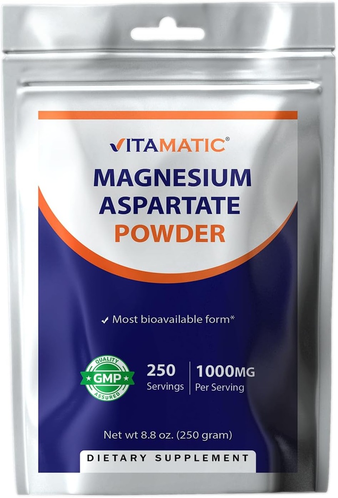 Vitamatic Magnesium Aspartate 1000mg per Serving Supports Muscle, Joint y Heart Health 250 Grams - 250 Servings