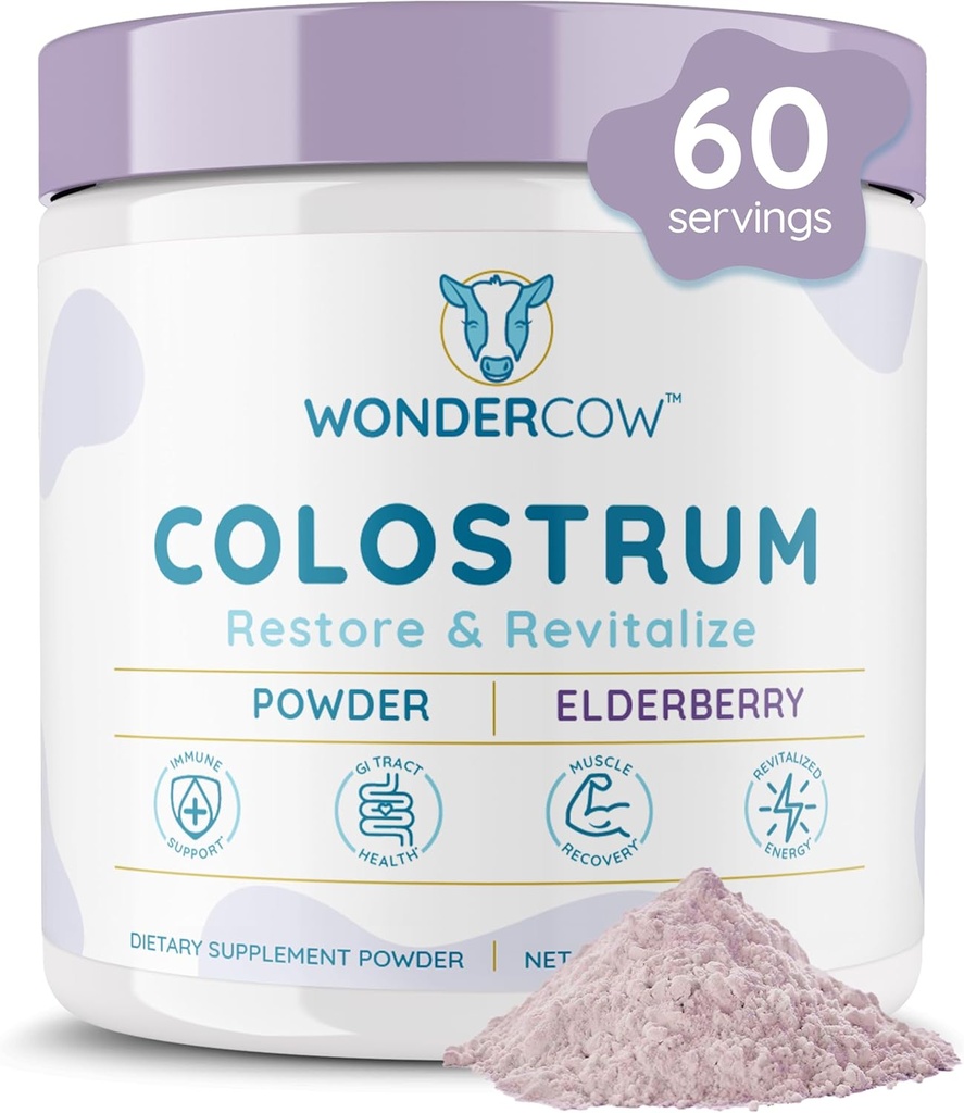 Colostrum Suplemento Polvo para Gut Health, Immune Support, Muscle Recovery & Wellness  Natural IgG Puro Bovine Superfood, Elderberry, 60 Servings