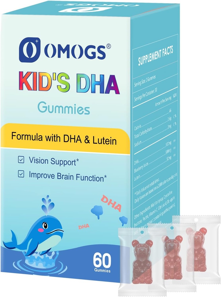 [BRSRAYYKPJ5AI2QY] DHA para niños Blueberry Flavoured Gummies, con Lutein, Omega-3 & Vitamina C Algae DHA, para la salud ocular, salud cerebral e inmunidad saludable, Gluten Free, Vegan, 60 Gummies.
