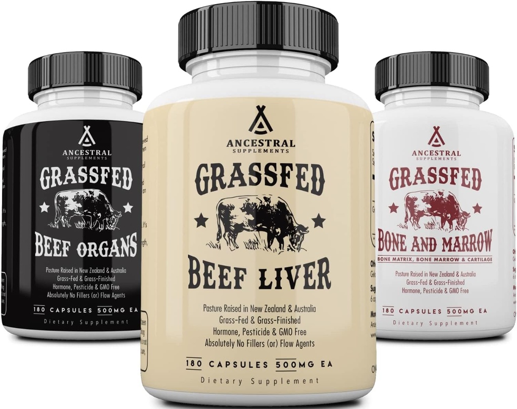 Suplementos ancestrales Paquete de inicio, Grass Fed Beef Liver, Organ, Bone and Marrow Capsules, Non-GMO