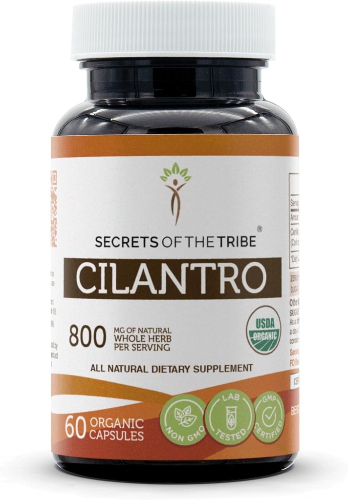Secrets of the Tribe Cilantro USDA Organic Capsules  Certified Organic Vegetarian Capsules, Herbal Dietary Supplement  Coriandrum Sativum Dried Leaf (60 Count)