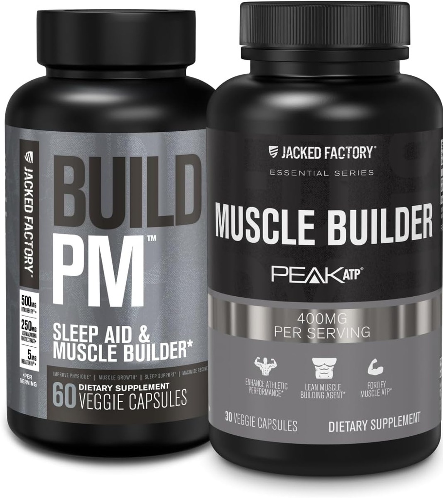 Jacked Factory Build PM Night Time Muscle Builder " Sleep Aid (60 cápsulas) " Essentials Muscle Builder - Daily Strength Builder for Men with Peak ATP (30 cápsulas)