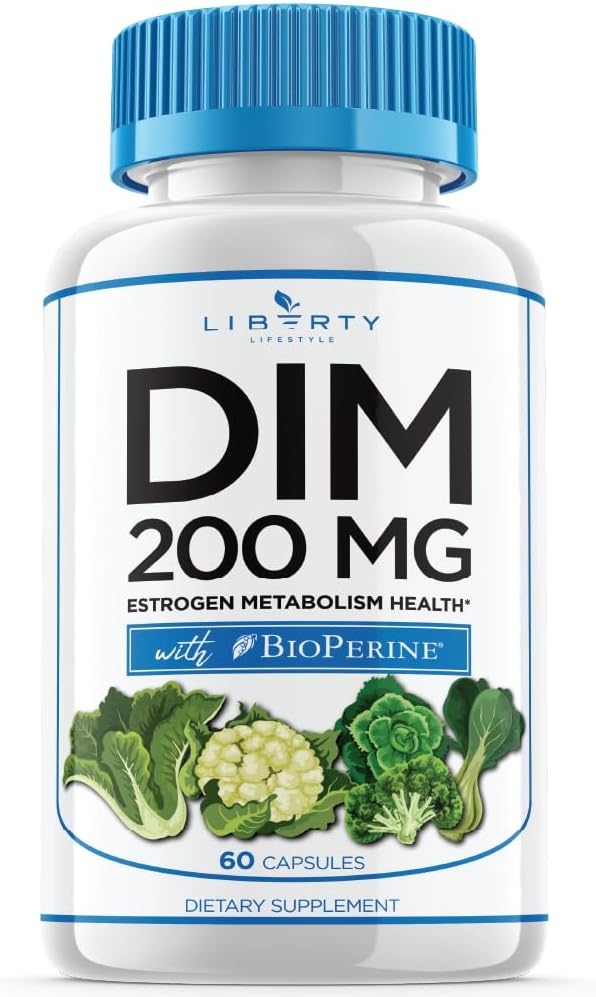 Suplemento DIM 200mg - DIM Diindolylmethane Más BioPerina - Equilibrio de Estrógeno, Alivio hormonal de la menopausia, Tratamiento del Acné, Vegan - 60 Cuenta