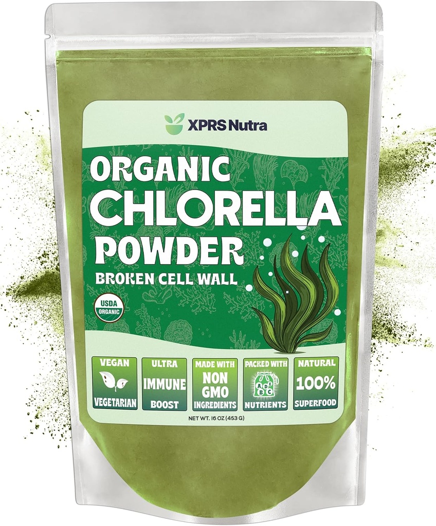 XPRS Nutra Organic Chlorella Powder - Broken Cell Wall Chlorophyll Powder - Chlorella Organic Powder for Immunity - Vegan Friendly Clorella Polvo Orgánico para Proteína Completa (16 onzas)