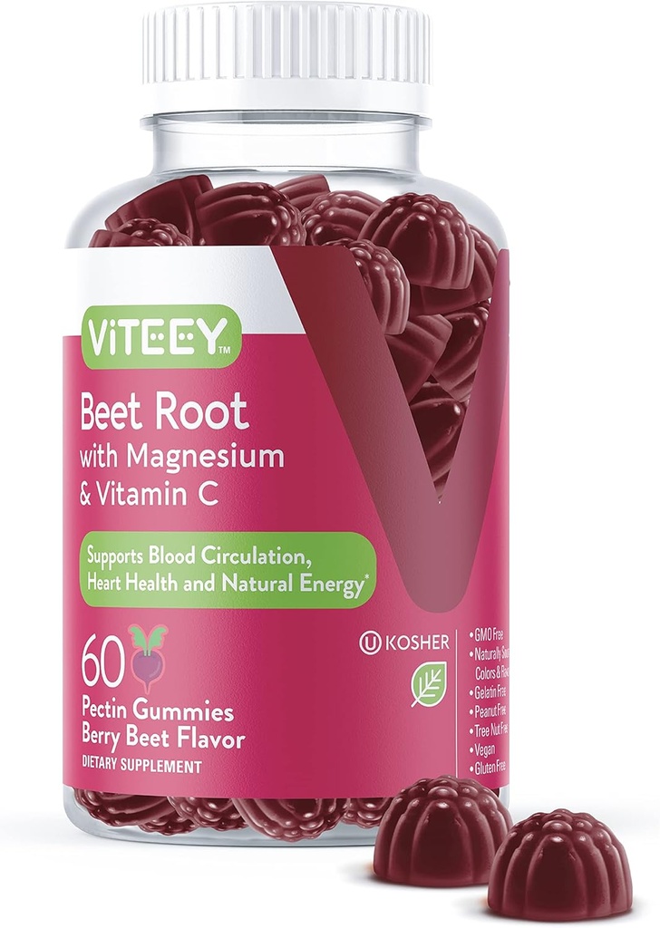 Viteey Beet Root Gummies con Magnesio & Vitamina C - Suplemento de Beetroot para la salud cardíaca, soporte para presión arterial - Vegan, sin gluten - 60 Cuenta
