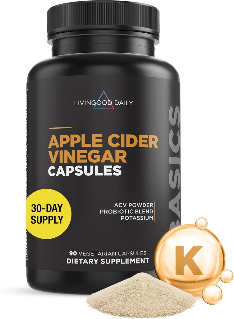 Livingood Daily Apple Cider Vinegar Capsules with The Mother (1500mg) - ACV Pills with Probiotics & Potassium for Women & Men - Supports Gut Health, Digestion, Appetite & Weight - Vegan, 90 cápsulas