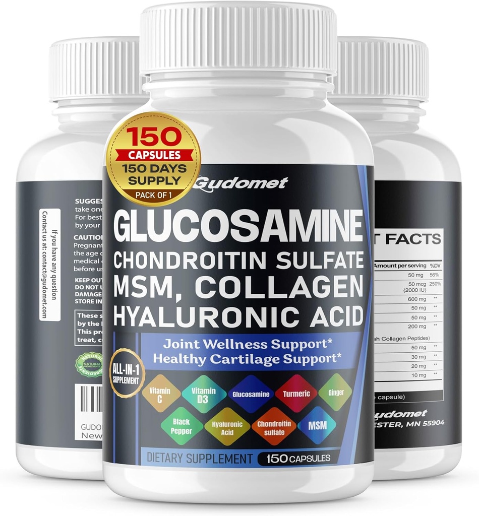 Glucosamine Chondroitin sulfate Methylsulfonylmethane Hialuronic Acid Turmeric Ginger Vitamin C, D3, Black Pepper -150 Capsules- Made in USA