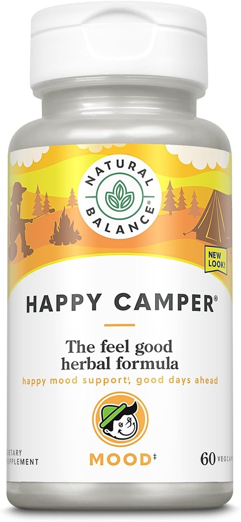 Natural Balance Happy Camper - Suplemento de apoyo de buen humor - Gotu Kola, Passion Flower y Kava Kava Capsules - Garantía de 60 días (30 Serviciones, 60 VegCaps)