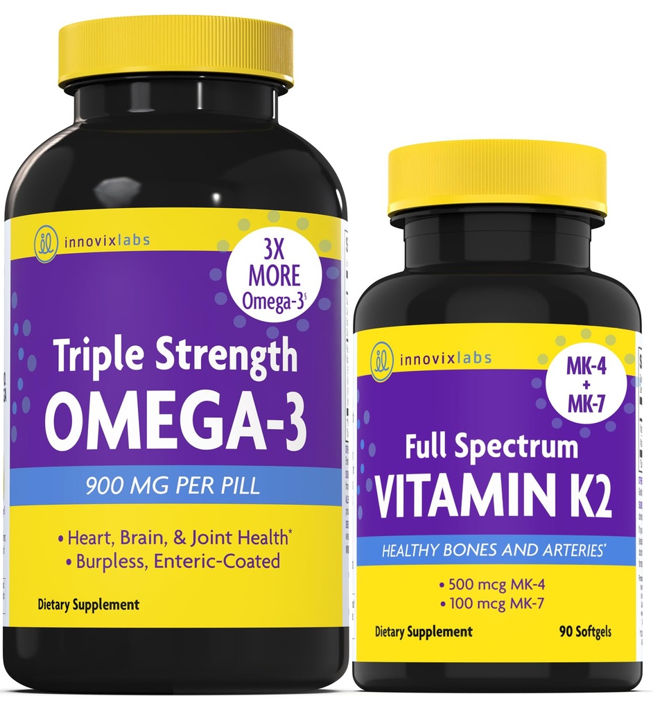 InnovixLabs Vitamin K2 & Triple Omega Bundle Full Spectrum Vitamin K2 (90 Softgels) Triple Strength Omega-3 Fish Oil (200 Softgels). Soporta huesos saludables, arterias y articulaciones. *