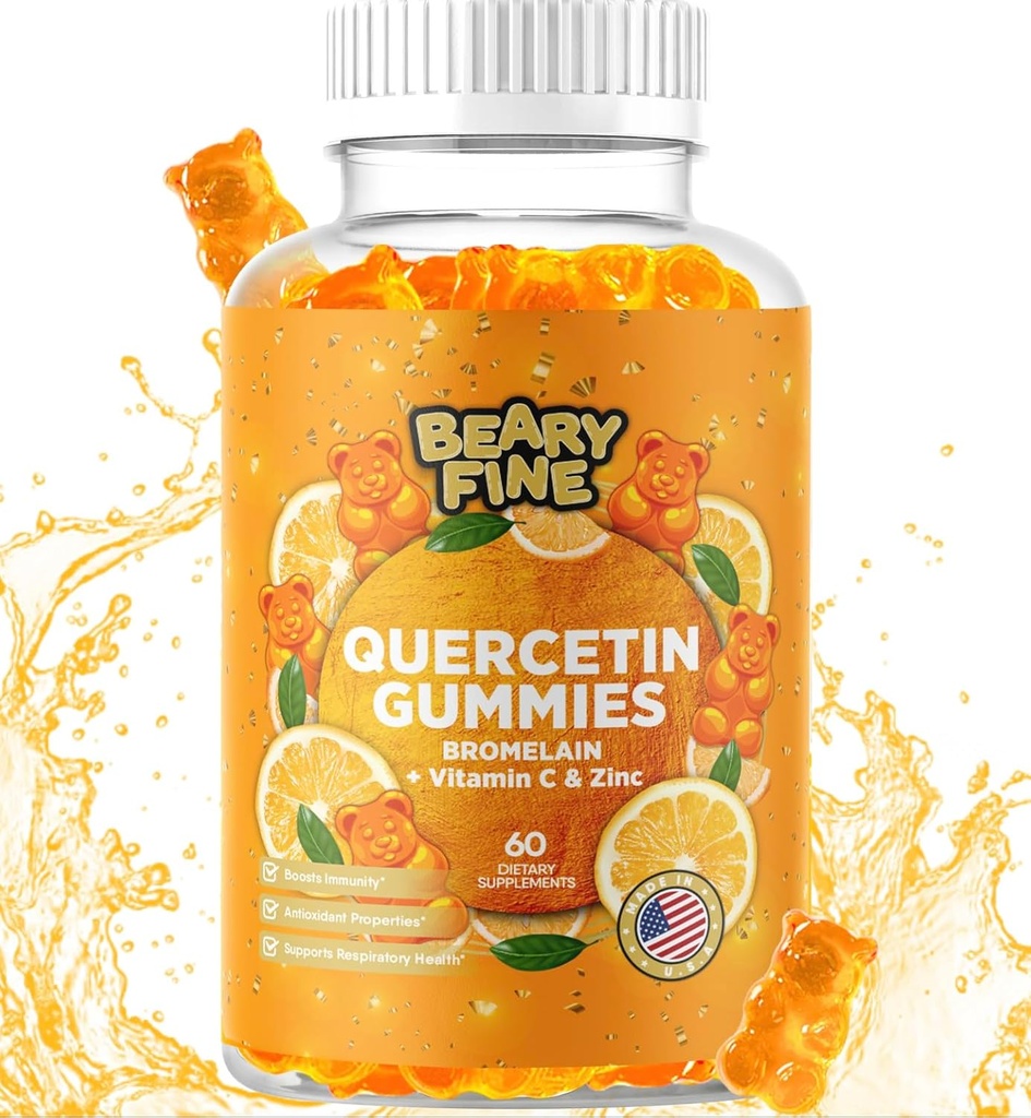 Quercetina con bromelaina Gummies - Vitamina C + Zinc & Vitamina D3 – Booster de apoyo extra- 60 Quercetina Gummies - Hecho en los EE.UU.