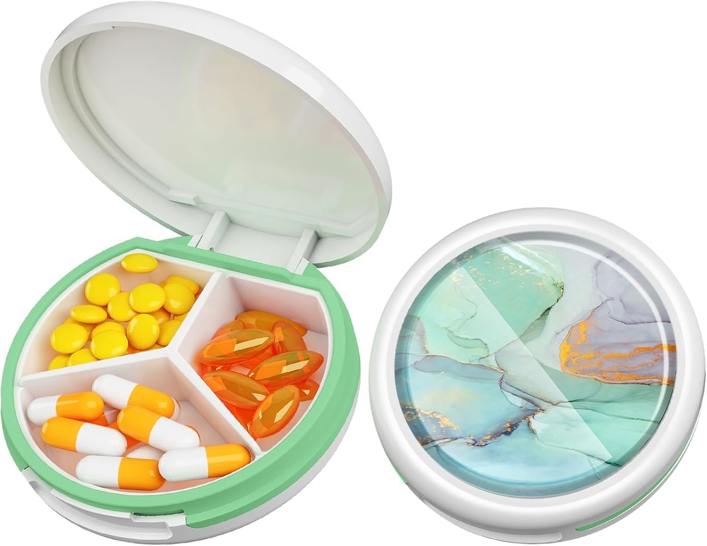 Serfeymi Small Pill Box - 3 Compartimientos Caja de Píldora Portátil, Caja de Píldora Compacta - Apto para Medicina, Vitamina, Aceite de Pesca, Suplementos - Blanco(Marmol)