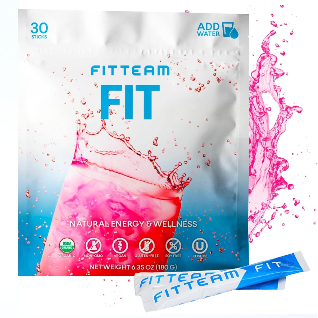 FITTEAM Fit Sticks Organic Energy and Wellness Beverage - Organic Energy Drink Mix - Mental Focus, Energy and Metabolism Boost - Mood Support and Antioxidants - 30 Empaquetaduras de palos rotas individualmente