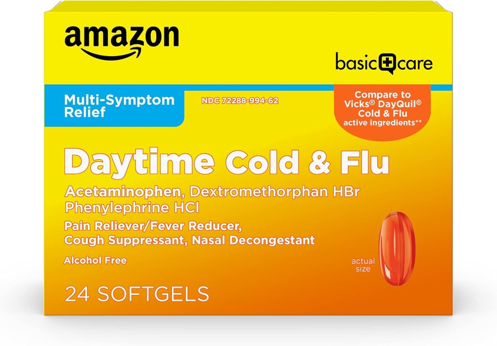 Amazon Basic Cuidado de la fiebre del frío y el alivio de la gripe Softgels, medicina fría no del sueño, alivio del dolor, fiebre, tos, garganta profunda, congestión nasal, 24 cuenta