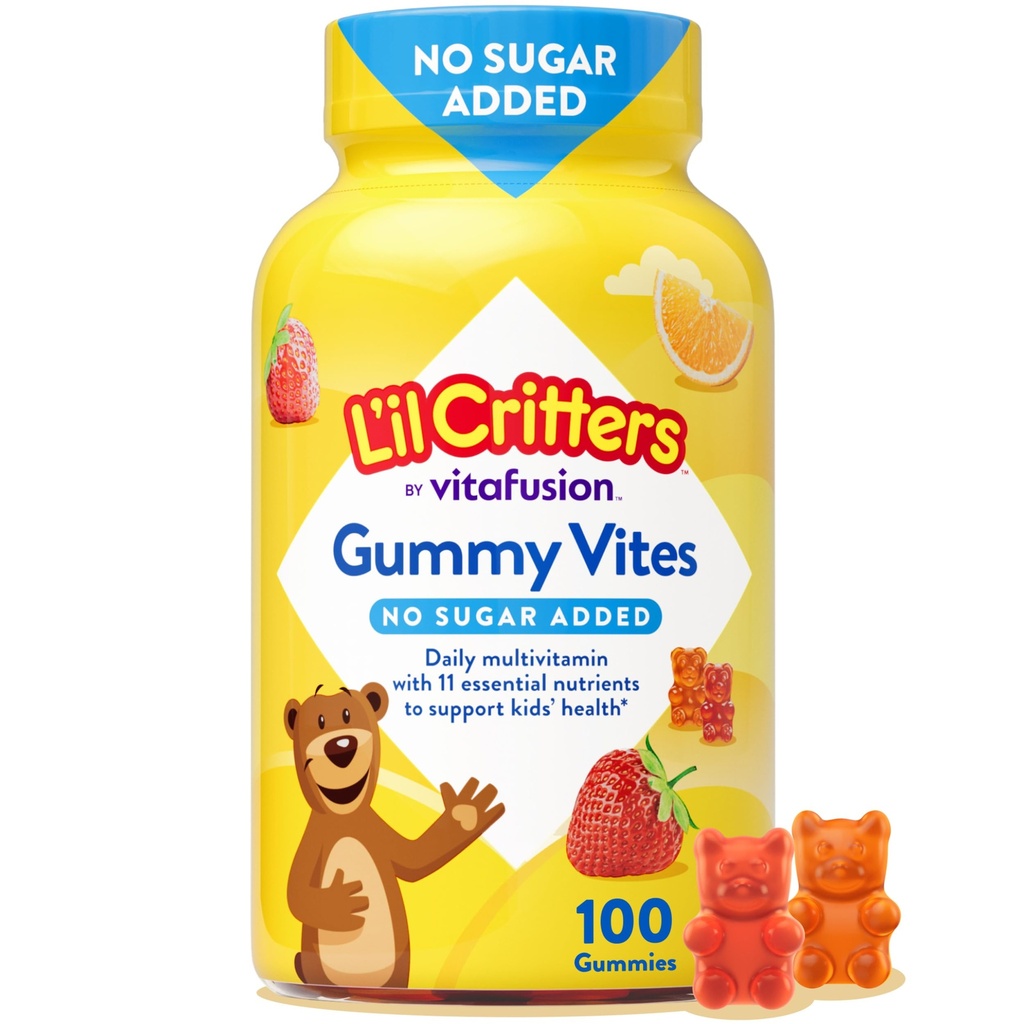 L’il Critters Gummy Vites No Sugar Añadido Daily Gummy Multivitamin for Ages 2+ Toddlers &amp; Kids, Vitamin C, D3 for Immune, Strawberry and Orange Flavors, 100 Gummies