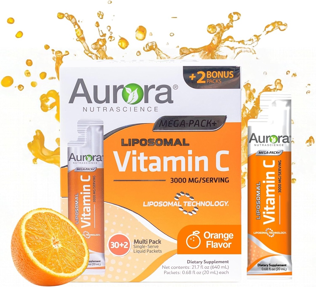 Aurora Nutraciencia Mega-Pack Liposomal Vitamina C, Immune Support, 3000 mg por Serving, Vegan, Gluten Gratis, No GMO, 32 Single Serve Packets, Orange