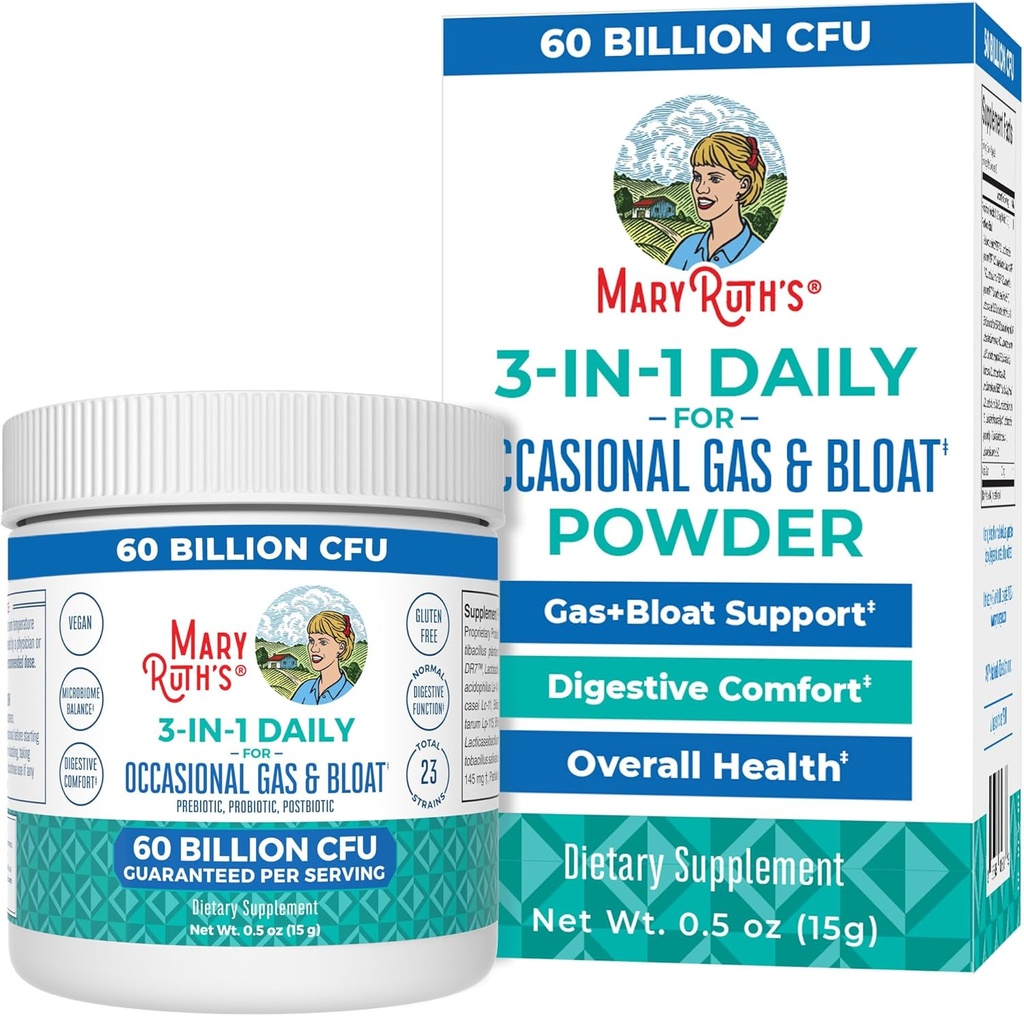 MaryRuth Organics 3-in-1 Gas & Bloat Probiotics ← Probióticos para la Función Digestiva Normal Silencio Probióticos para Mujeres & Hombres Silencio Prebióticos & Postbióticos ← 60 Billion CFU
