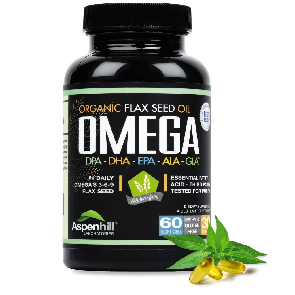 Flax Seed Oil - Omega 3 Super Blend con DPA, EPA, DHA, ALA y GLA con pescado, borage y aceite de semilla de Flax Orgánico - Más de 2.400 Milligram Strength - Gluten Free - Made in The USA - 60 SoftGels