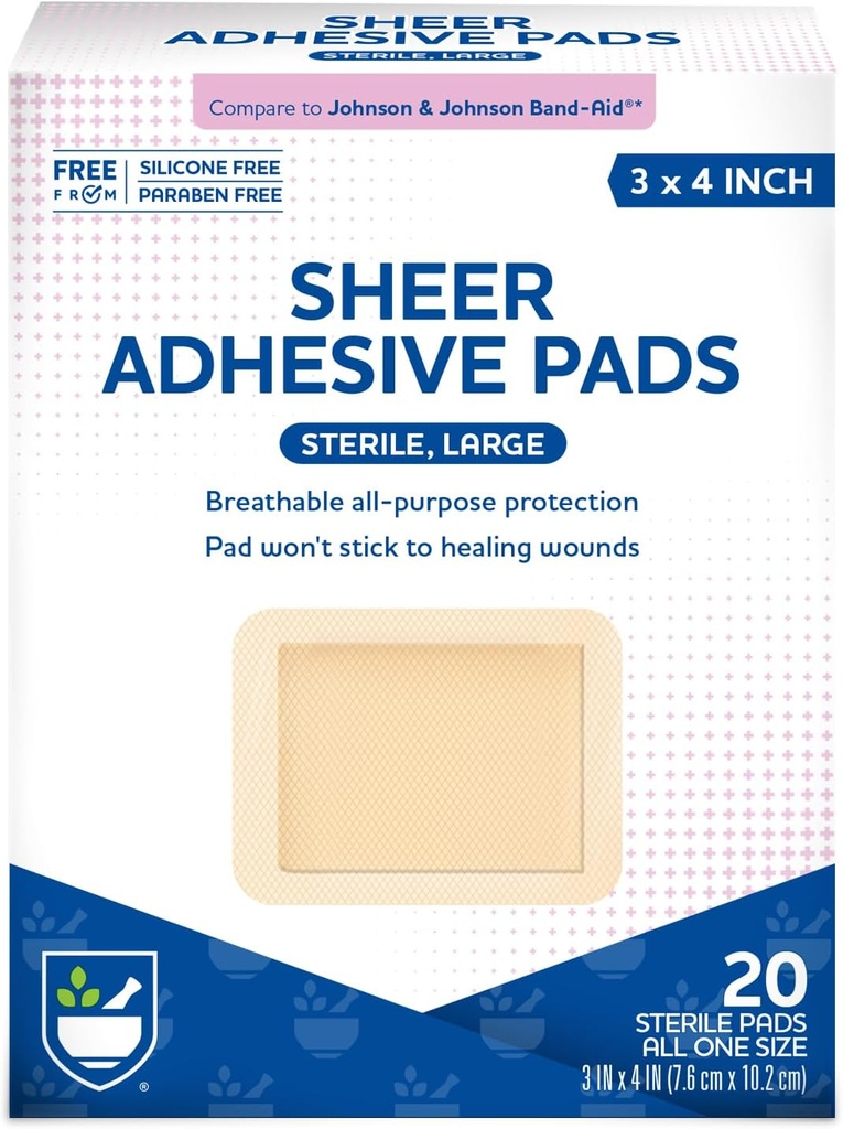 Rite Aid Sheer Adhesive Bandages with Sterile Non Stick Pad, 3" x 4" - 20 Conde peru Wound Care/First Aid Supplies ← Bandage Wrap ← Tape médica para Bandages de piel