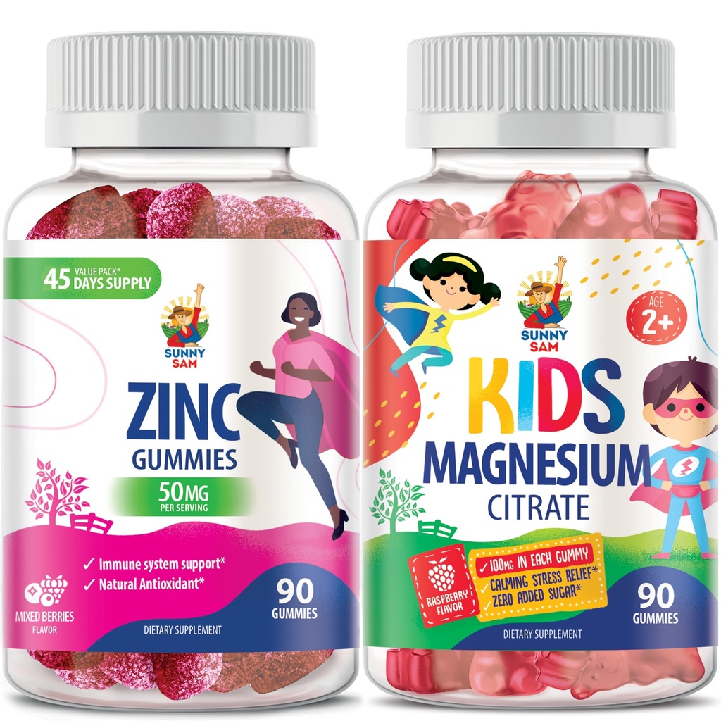 SUNNY SAM Zinc Gummies for Adults &amp; Magnesium Gummies for Kids &amp; Adults - 100mg - Calm Magnesium Chews