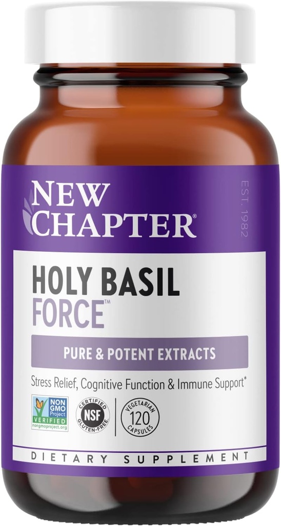 Nuevo capítulo de alivio de estrés Suplemento - Fuerza de Basilio Santa con Basil Santo Supercrítica para soporte de estrés + Soporte Inmunitario + No GMO Ingredientes - cápsulas vegetarianas, 120 conteo