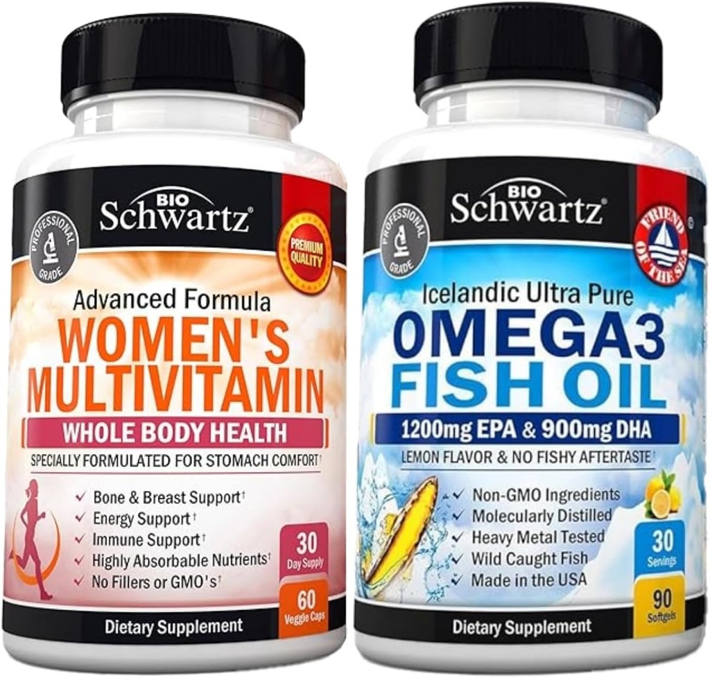 Multivitamina diaria para las mujeres cápsulas (1 mes de suministro) más triple fuerza Omega 3 aceite de pescado Softgels (1 mes de suministro)