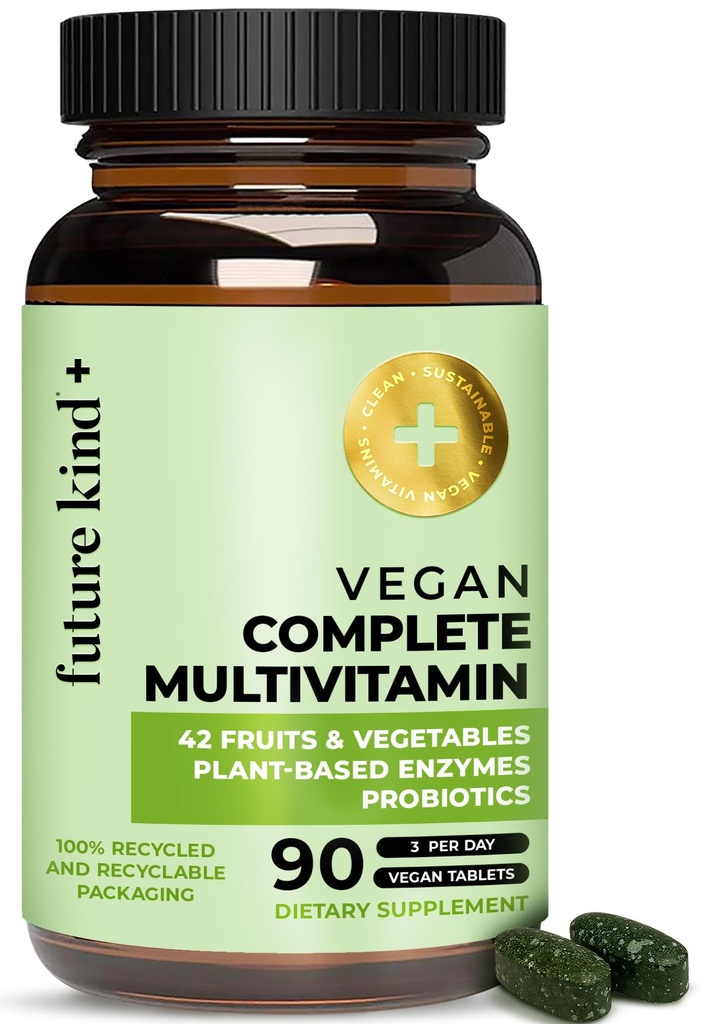 Future Kind Vegan Multivitamins Complete - 42-in-1 Vegan Multivitamins for Women &amp; Men with Enzymes, B12, Zinc, " Probiotics for Digestion (90 tabs in Recycled Bottle)