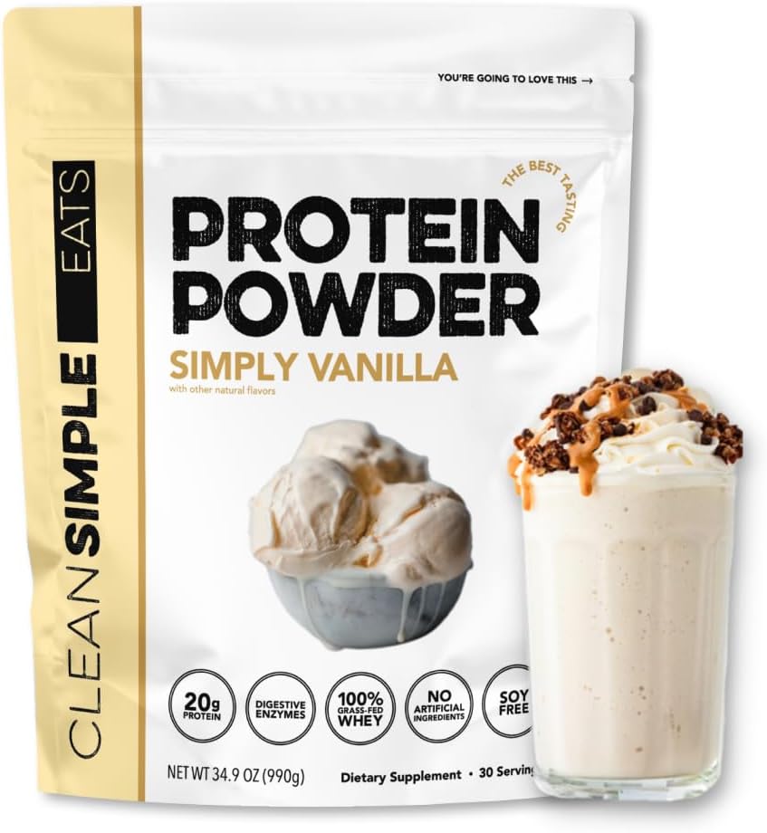 Comidas simples limpias Whey Protein Powder, Sencillamente Vainilla Flavor Naturalmente Endulzado, 100% Grass Fed Protein Powder con Enzimas Digestivas & Sin Ingredientes Artificiales, Gluten Gratis, 30 Sirviendo