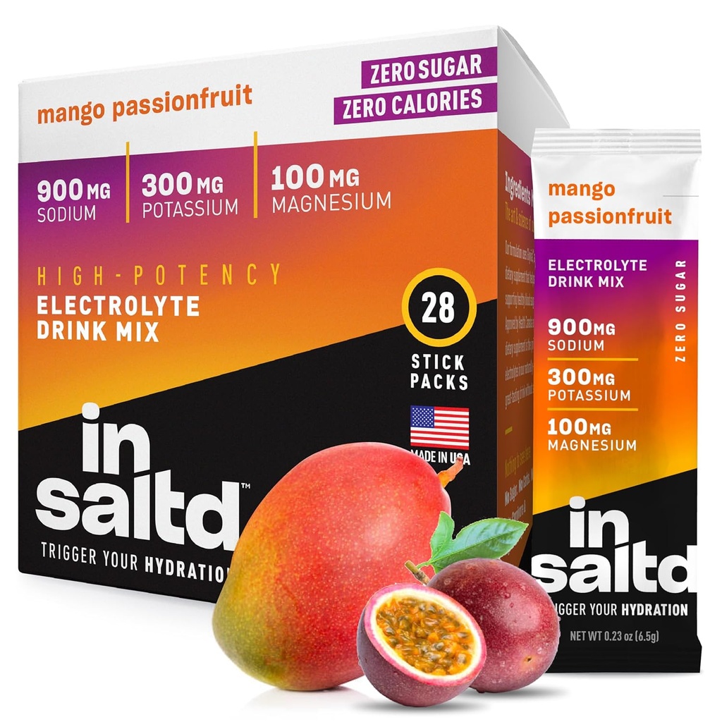 INSALTDTM Sugar Free Electrolytes Powder Packets with No Stevia Aftertaste ← High-Potency Hydration Packets Bebidas de electrolitos ← Intermittent Fasting Drink Mix ← 28 Pack (Mango Passionfruit)