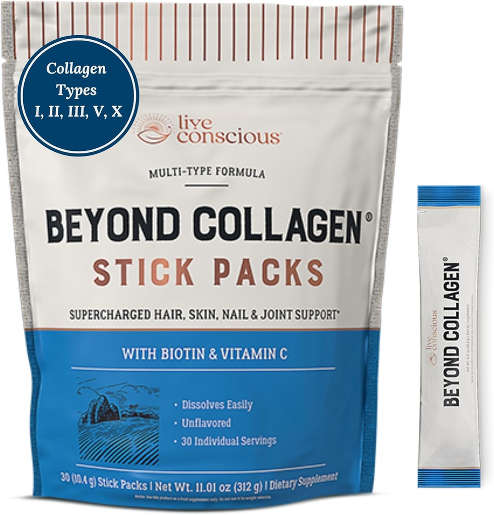 Live Conscious Beyond Collagen Peptides Powder Unflavored Packets - Hidrolyzed Collagen Powder - Hair Skin Nail & Joint Support - Multi Type Collagen Supplements for Women & Men