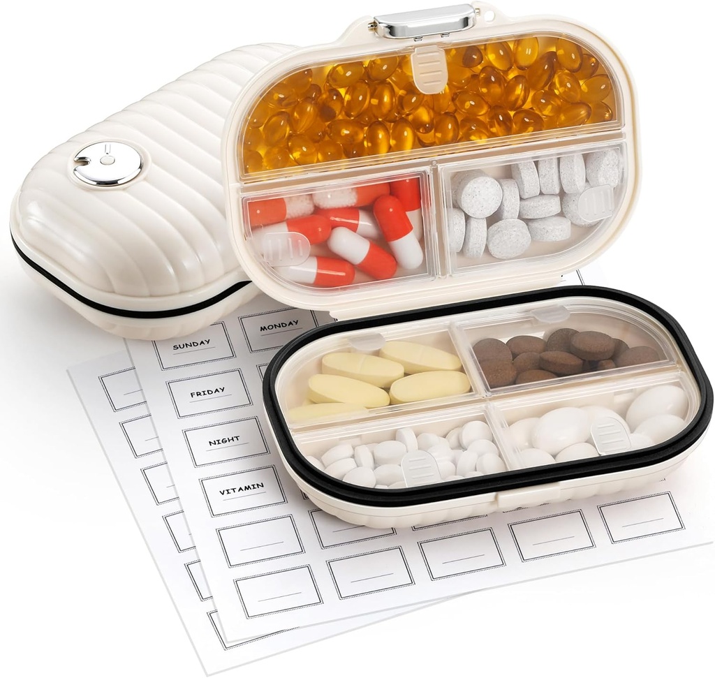 Zannaki Pill Case Portable Pequeño organizador semanal de píldoras de viaje, lindo Moisture Proof Pill Box Holder para bolsa de bolsillo, Contenedor diario de medicina de mini bolsillo para vitamina, aceite de pescado, suplemento