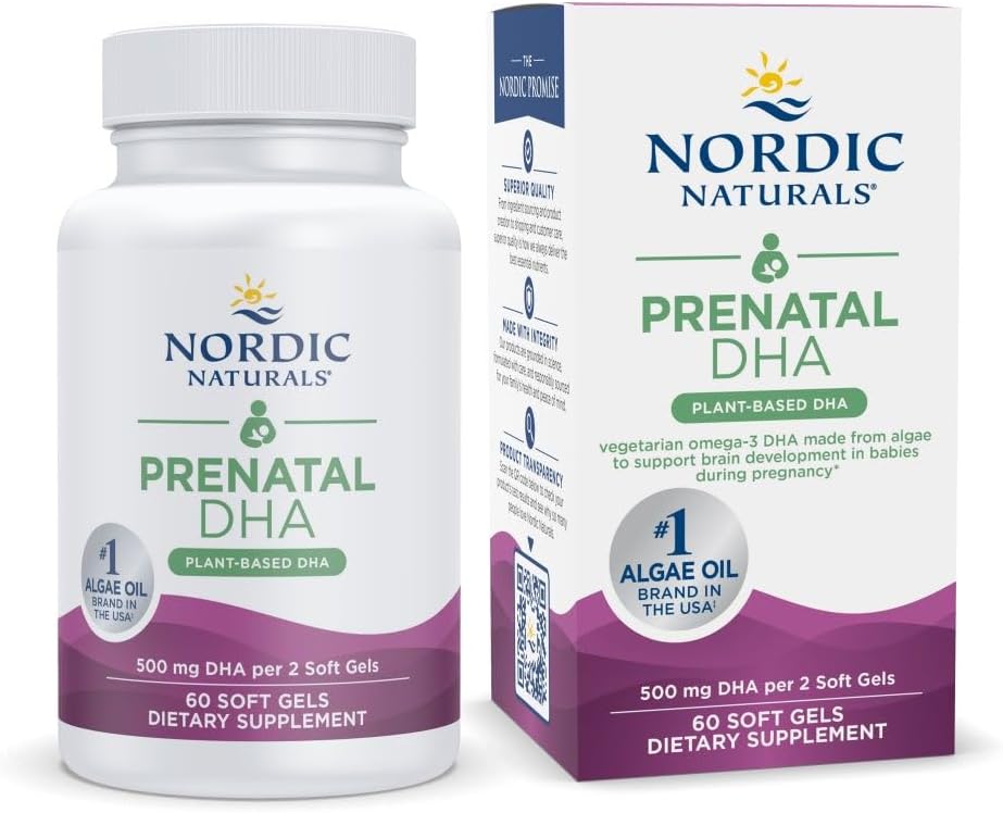 Nordic Naturals Vegan Prenatal DHA, Unflavored - 60 Gels blandos - 500 mg de base vegetal DHA - Apoya el desarrollo del cerebro en bebés y embarazo saludable - No GMO - 30 servicios