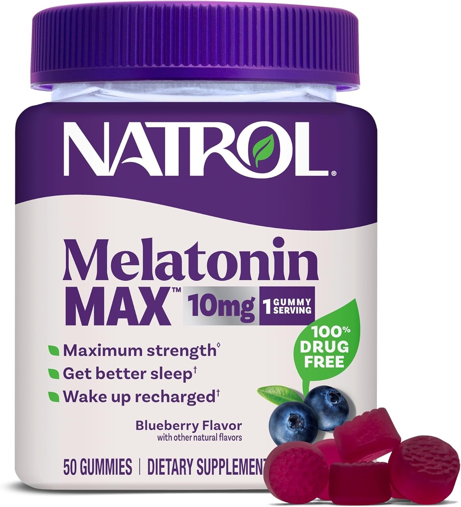 Natrol Melatonin 10mg Suplemento de Ayuda para el sueño, 50 Conde Melatonin Max Gummies, Blueberry Flavor, 10 mg Melatonin Gummies para la insomnio ocasional, 50 Day Supply