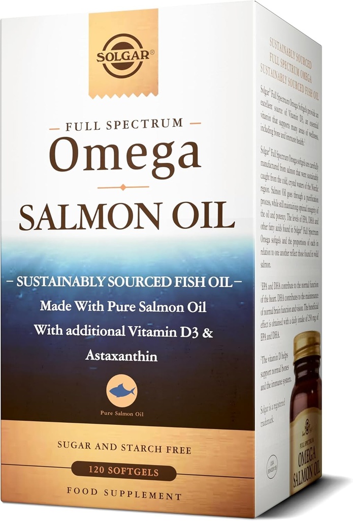 Solgar Wild Alaskan Full Spectrum Omega, 120 Softgels - Asistencia Corazón, Cerebro, Hueso y Skin Health - Proporciona Vitamina D3 - Fuente rica de EPA & DHA - No GMO, Gluten Free, Dairy Free - 60 Serviciones