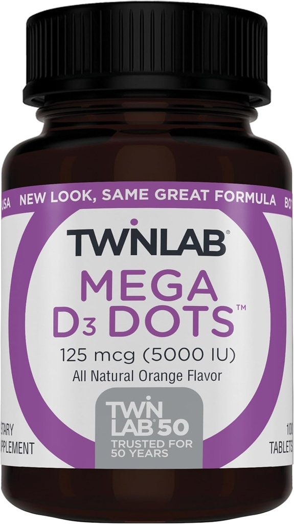 Twinlab Mega D-3 puntos - Suplemento de vitamina D para la salud y el soporte de huesos inmunes - 100 tabletas de naranja, 125 mcg (5000 UI) (Pack of 2)