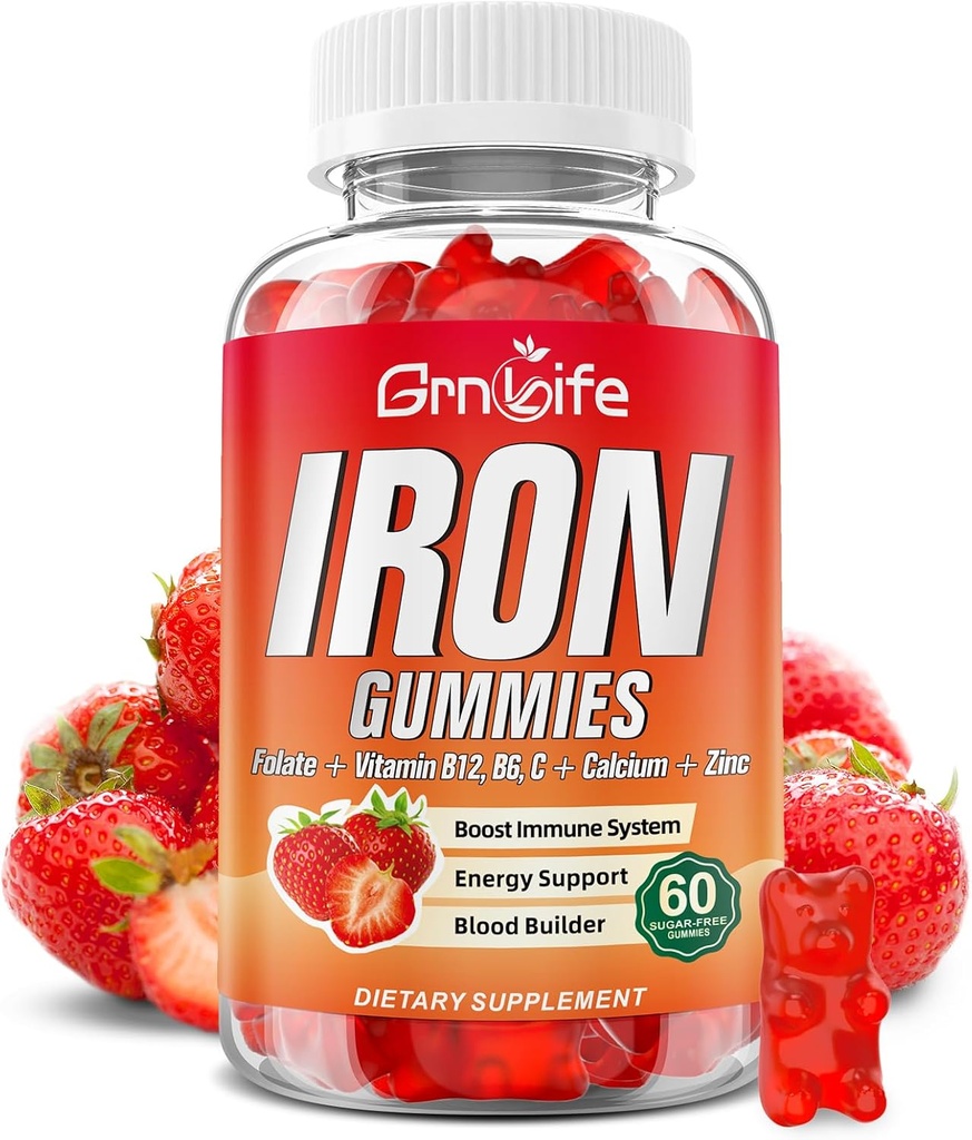 Iron Gummies for Women, Men & Kids, Suplemento de hierro libre de azúcar con calcio, zinc, folato & vitamina B12, C, B6 - para la construcción de sangre " Apoyo energético, anemia, frambuesa, 60 cuenta