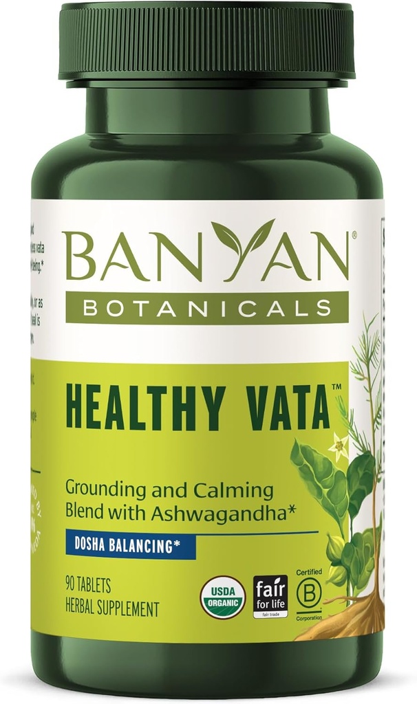 Botánicos de Banyan Vata saludable – Suplemento herbal orgánico con Ashwagandha, Shatavari & Otras hierbas ayurvédicas para el bienestar equilibrado y calmado* – 90 Tablas – No GMO Fuente sostenible Vegan